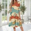 Women Casual Fashion Round Neck Mid Length Dress Hawaiian Print Three Quarter Sleeve Relaxed Fit Summer Dress