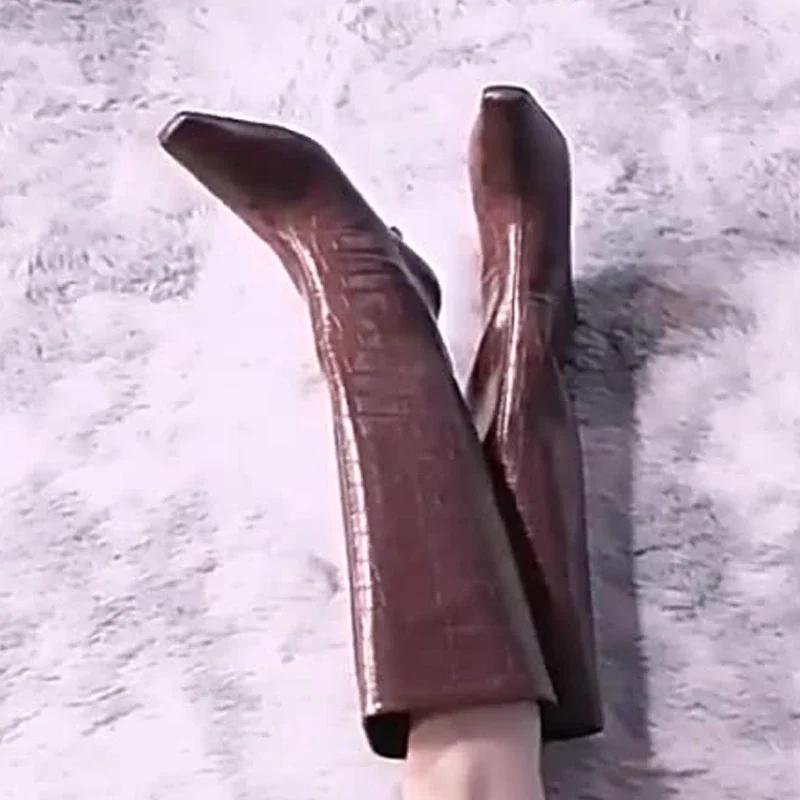 Punk Style Thin Low Heels Long Booties New Design Stone Grain Woman Knee-High Boots 2026  Autumn Winter Shoes