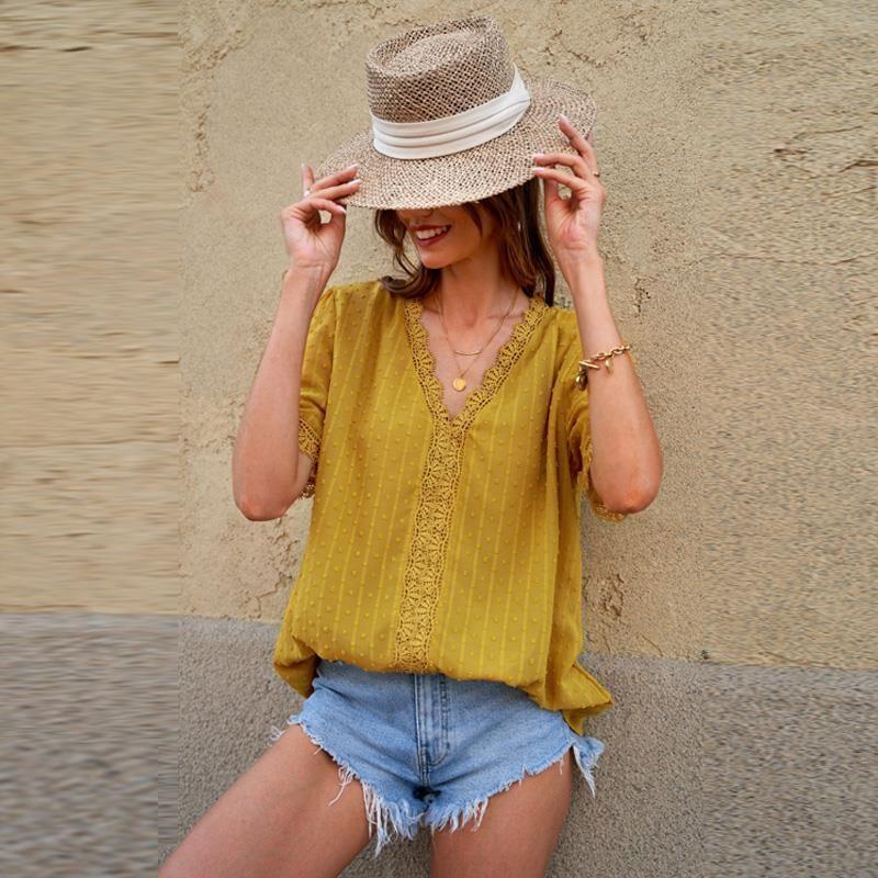 

American Shiying Lace Edge V-neck Chiffon Shirt Women 2025 Summer New Commuter Versatile Short sleeve Top Women Yellow L(Large size 1 (62.50 kg-70.00 kg)