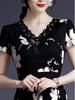 Korean Style Women's Elegant Black Slimming Floral V-Neck Short Sleeve Summer Dress