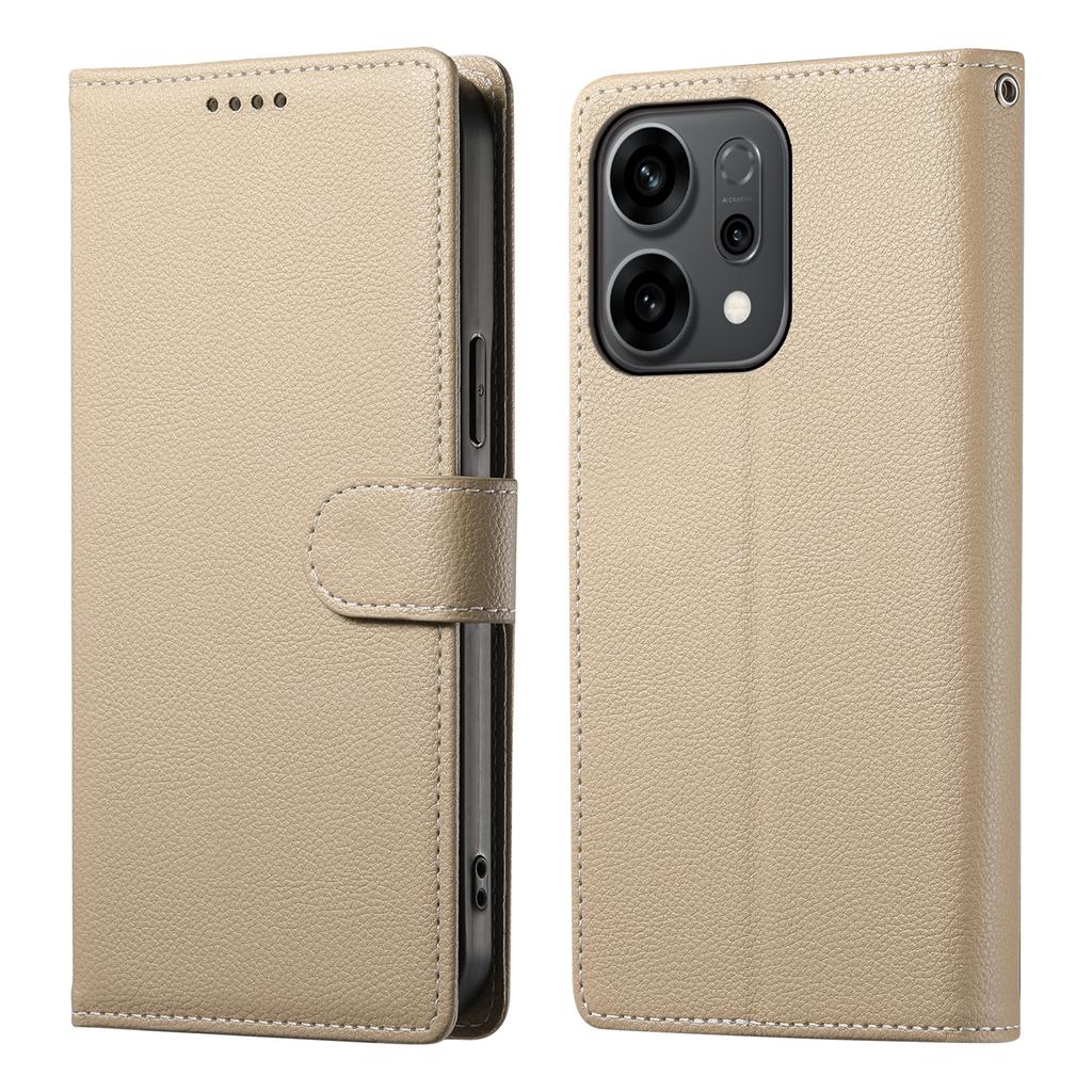 For Oppo Reno14 F 5G Case Magnetic Snap Litchi Texture Leather Wallet Phone Cover with Wrist Strap