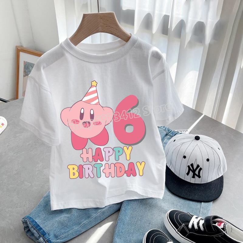 Star Kirbys T-shirt Birthday Number 1-9 Kawaii Tee Anime Cartoon Children Casual T Shirts Kids Girl Clothes Boy Fashion Top Gift
