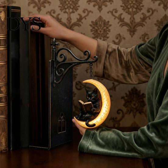 Luminous Pendant Desk Lamp Gothic Metal Bookends with Hanging Light, Cat Raven Ghost Decorative Retro Wrought Iron Book Ends Bookshelf Lamp,