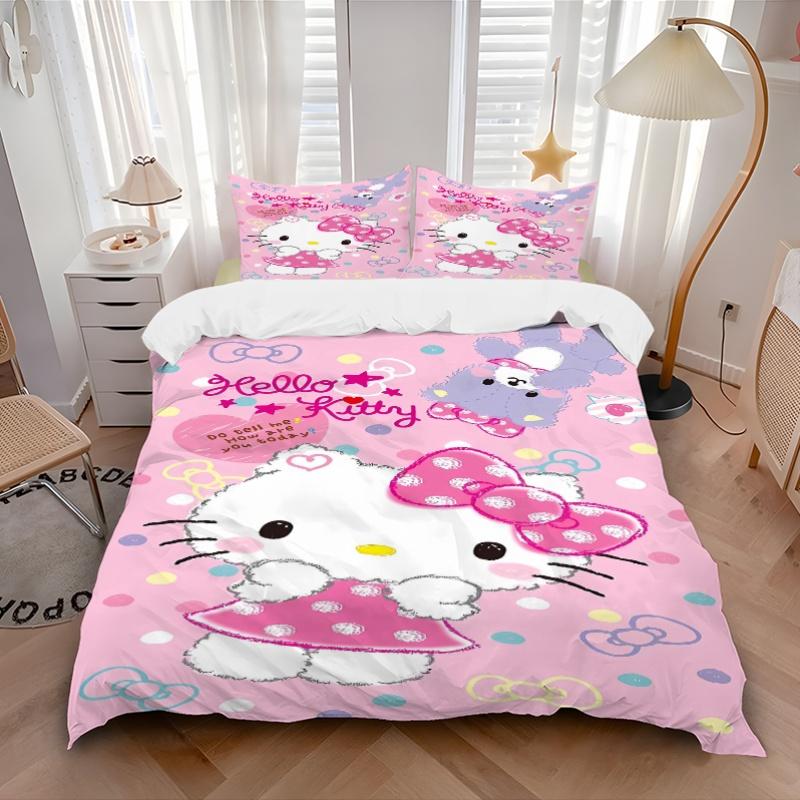 3pcs Hello Kitty's Pink Adventure Bedding Set - 1 Soft Quilt Cover + 2 Pillowcases, Machine Washable - Suitable for All Seasons, Perfect Gif