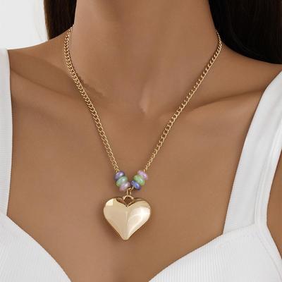 Trendy European-American Colorful Beaded Heart Pendant Necklace for Women