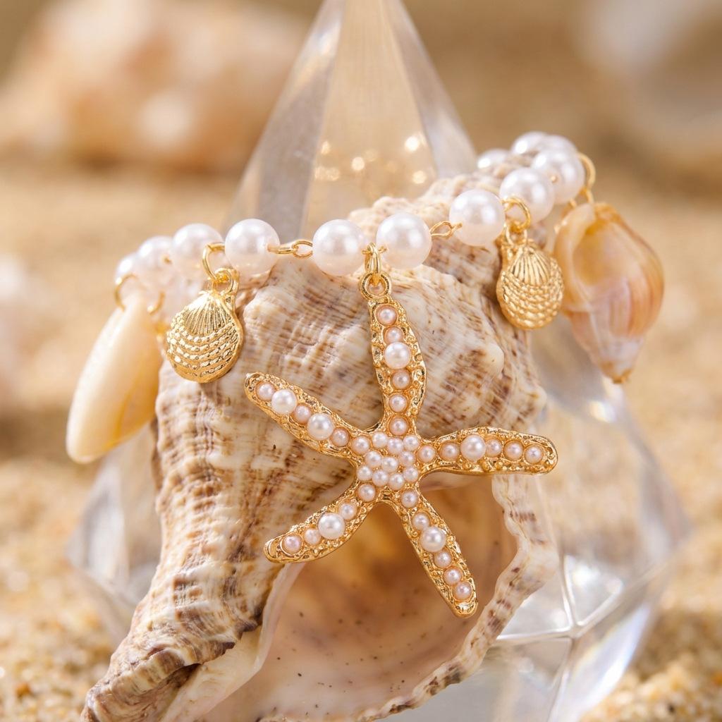 Women's New Bohemian Summer Beach Shell Necklace Bracelet Imitation Pearl Starfish Conch Anklet