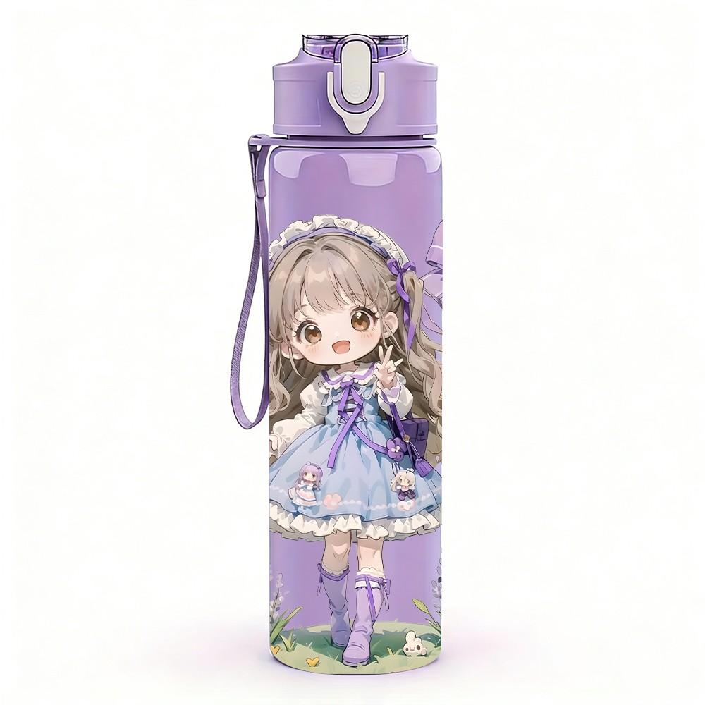 1PC Purple Dress Girl Butterfly Bow Pattern 750ml Color Plastic Sports Water Bottle Leakproof Flip Straw Lid Suitable for Sports Office Home Use