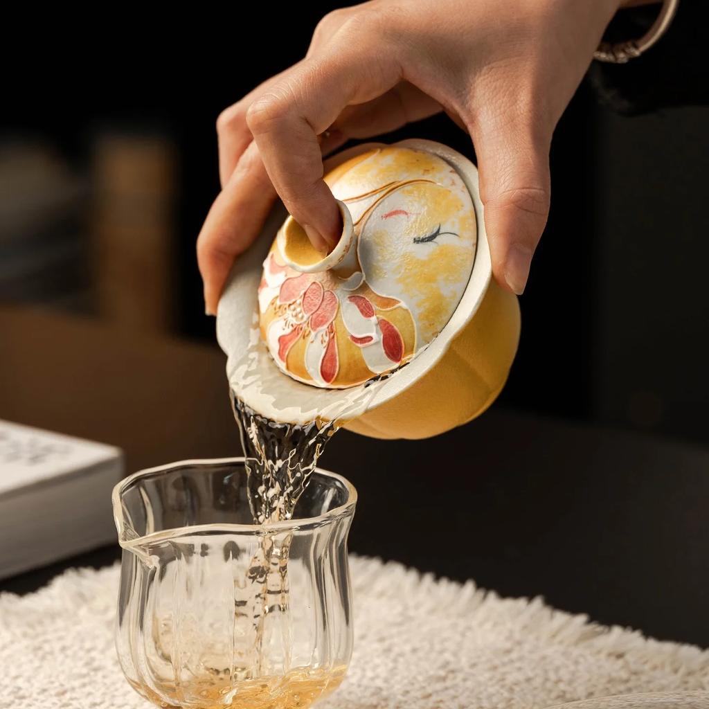 1PC Sprinkling Gold Ceramic Cover Bowl Hand-painted Ginkgo Flower Mouth Brewing Tea Bowl Teacup Household Not Hot Kung Fu TeaSet