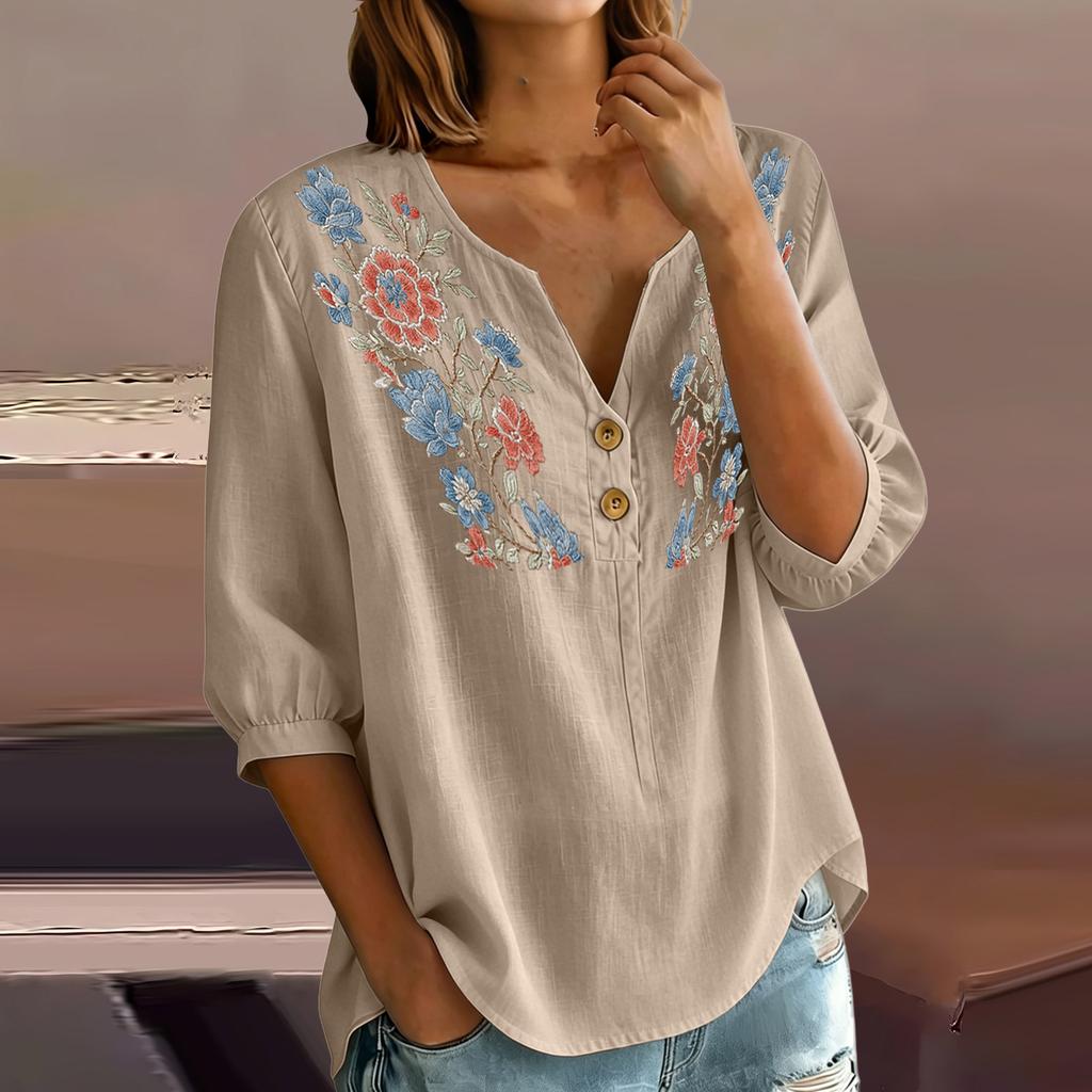 Women Floral Pattern Henley Button Neck Shirt Three Quarter Sleeve Loose Fit Linen Cotton Blouse Casual Top for Daily Wear