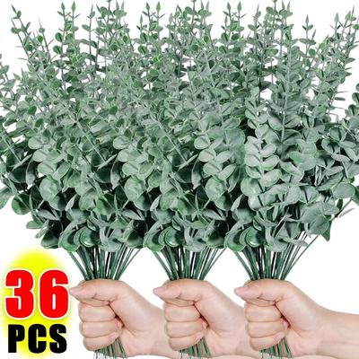 36/10 pièces Tiges de feuilles d'eucalyptus artificielles Soie Faux branches de feuilles vertes Pour bouquets DIY Mariage Fête Fournitures de décoration intérieure