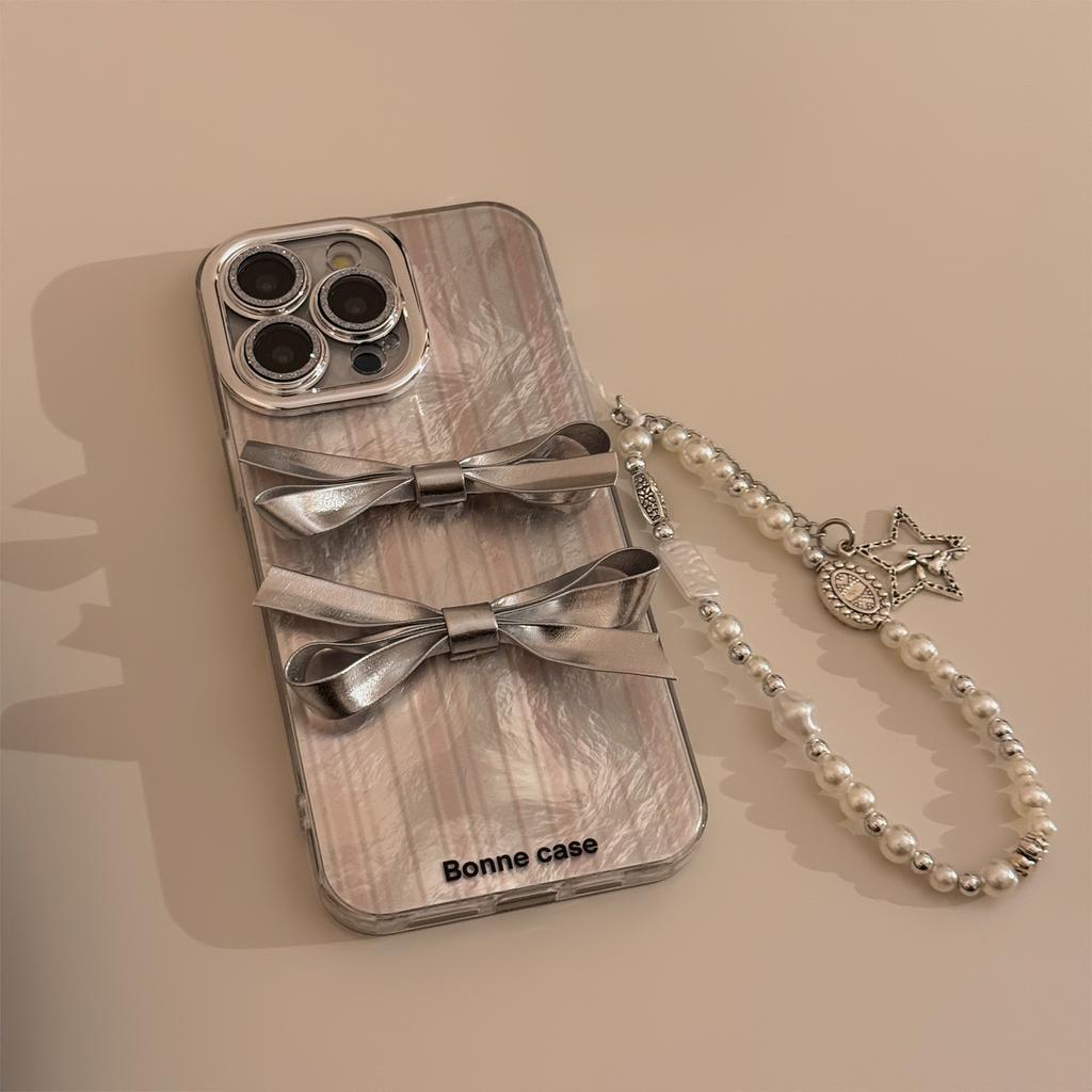 Three Dimensional Silver Bow Mobile Phone Case Suitable for 16 Apple 17promax Light Luxury Iphone14 Hanging Chain 13 Full Package