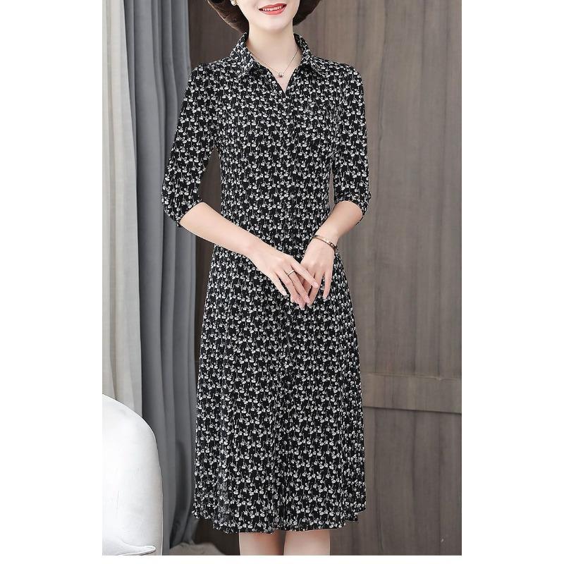 New Mother Suit Summer 7-quarter Sleeve Floral Dress Shirt Collar Mid-length Large Size Middle-aged Women's Clothing