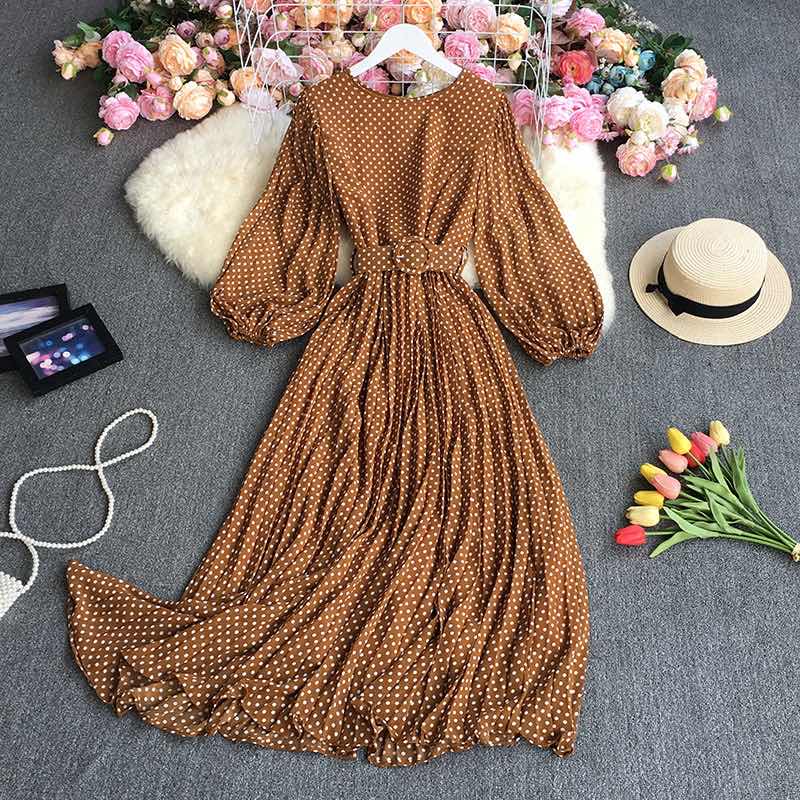 LYRIA New Women's Long Sleeve Belt Slim Long Dress High Quality Elegant Vintage Dots Pleated Big Hem Chiffon Dress
