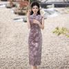Purple Elastic Velvet National Style New Chinese Long Improved Cheongsam New Women's Retro Banquet Dress Summer