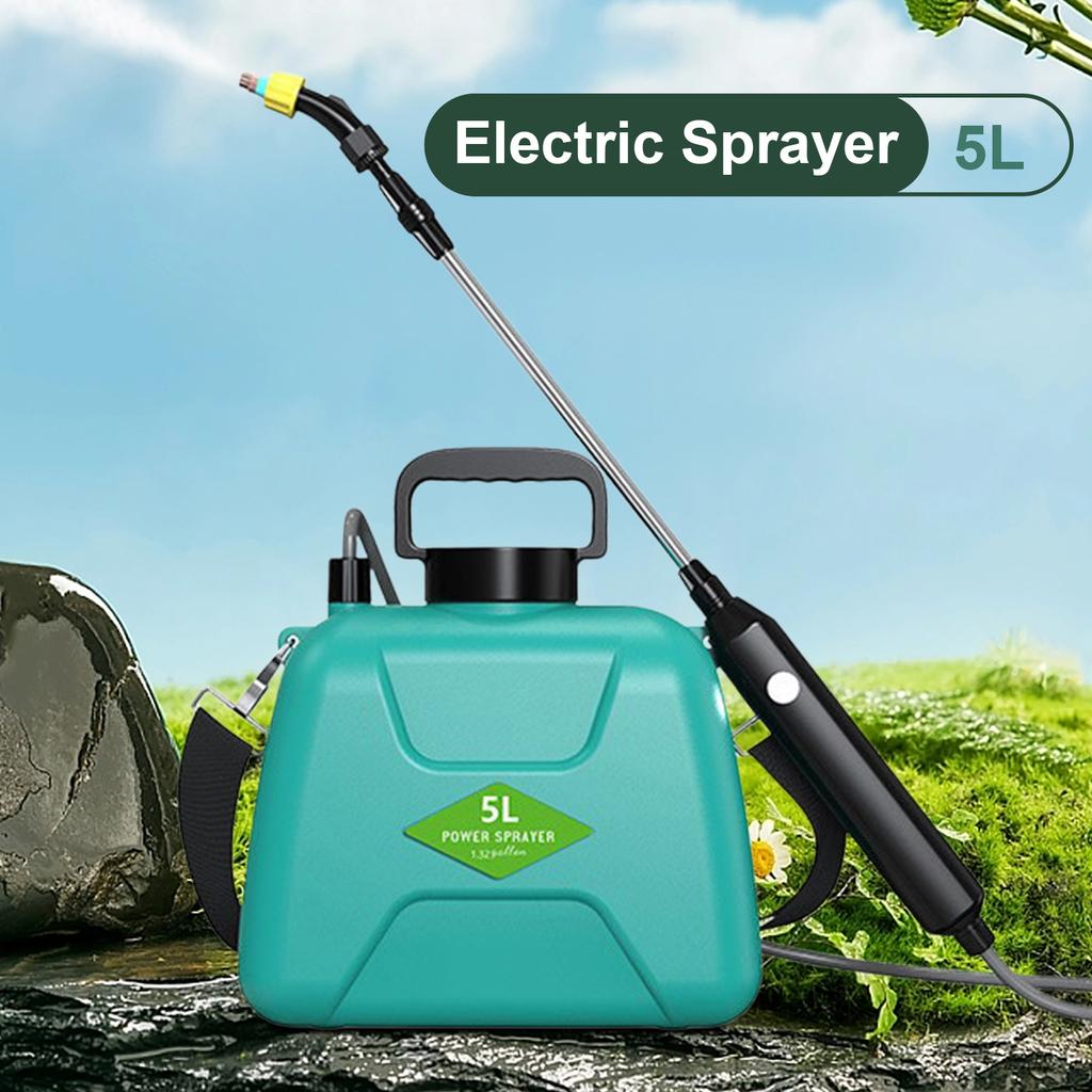 5L Battery Powered Sprayer with 3 Mist Nozzles Rechargeable Retractable Wand Water Sprayer with Shoulder Strap for Gardening