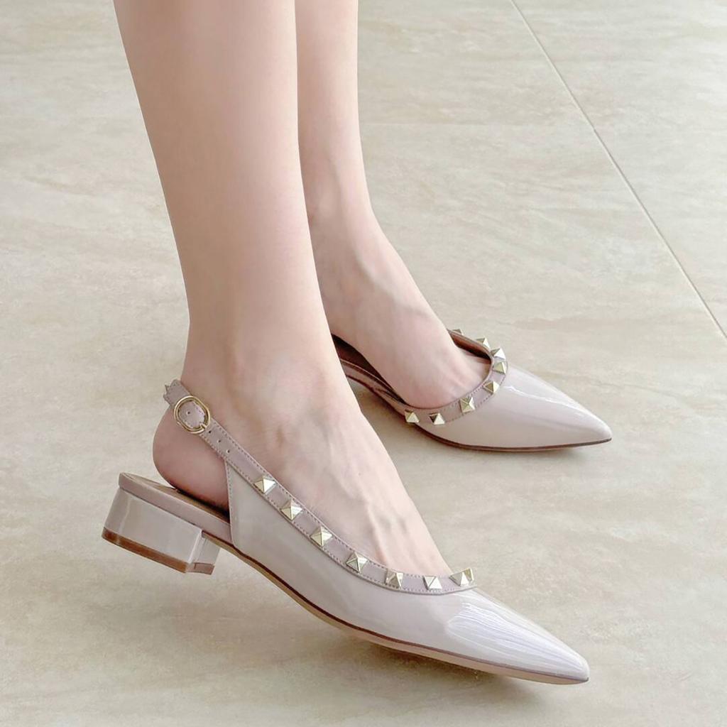 New flat-bottomed rivet bag head sandals women's patent leather versatile low-heeled thick-heeled shallow-mouth pointed single shoes