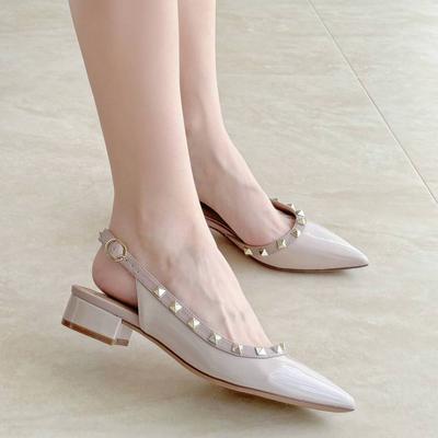 New Flat-bottomed Rivet Bag Head Sandals Women's Patent Leather Versatile Low-heeled Thick-heeled Shallow-mouth Pointed Single Shoes