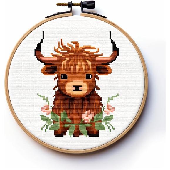 Generic Cartoon Baby Highland Cow DIY Stamped Cross Stitch Kits Easy for Beginners Children with Hoop 11CT Needlepoint Counted Embroidery Kits Art