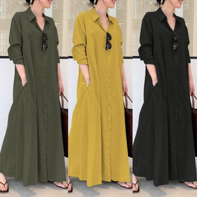 Spring Women Dresses Muslims Clothes Solid Color Long-sleeved Shirt Dress Casual Pocket Robe Musulman Dubai Muslim Kaftan Muslim Dresses Lapel