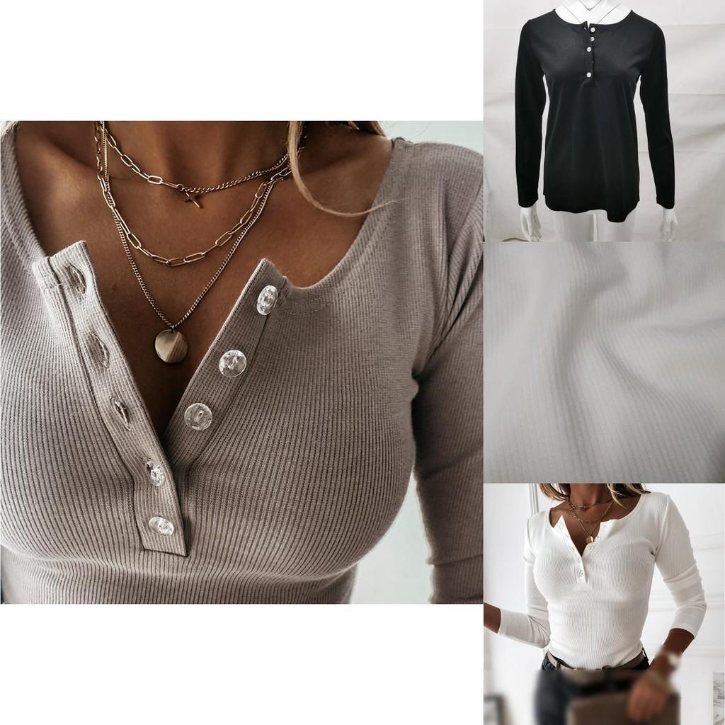 Fashionable Ladies Long Sleeve V Neck Button T Shirt Tee In Solid Colors For Casual Outfits