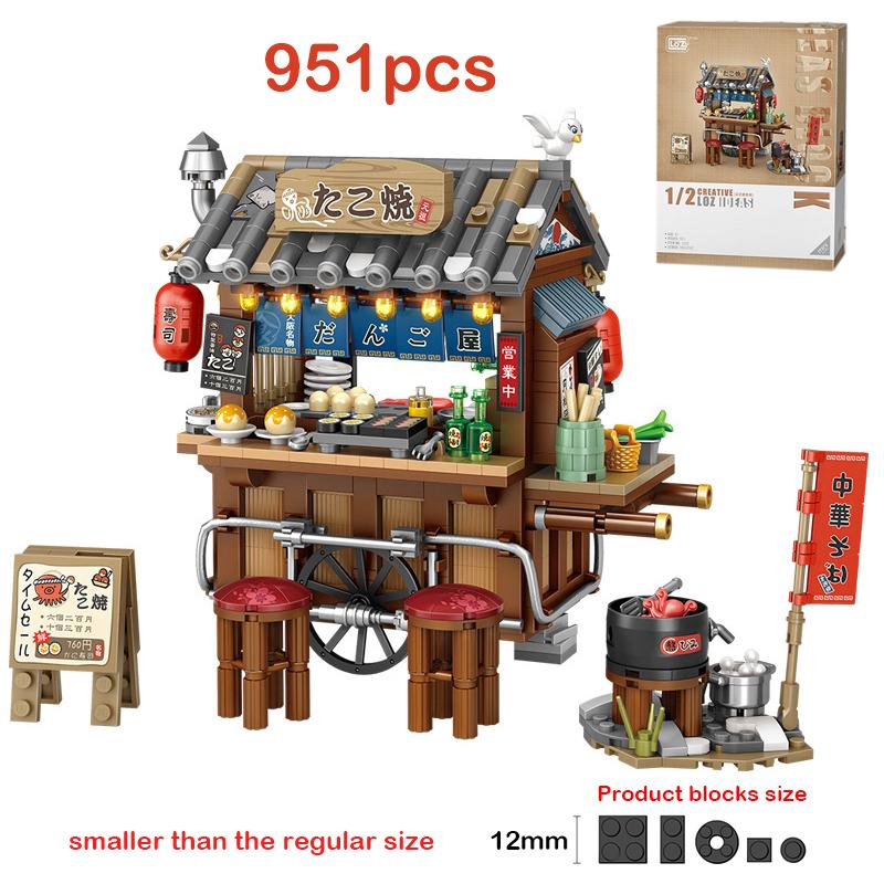 LOZ Mini Japanischer Takoyaki Straßenansicht Bausteine Chinesischer Stil Essensstand Hong Kong Lebensmittelgeschäft Haus Stein Für Kinder Geschenke