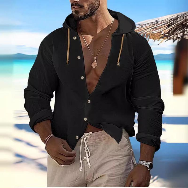Chemise d'été boutonnée pour homme transfrontalière couleur unie quotidienne indépendante manches longues unie cardigan à capuche décontracté