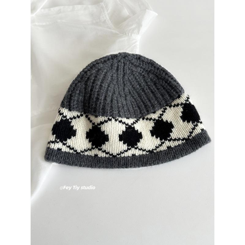 

Wool Nordic retro diamond-shaped knitted fisherman s hat women s autumn and winter warm line hat basin hat face enhancing small head cap one size