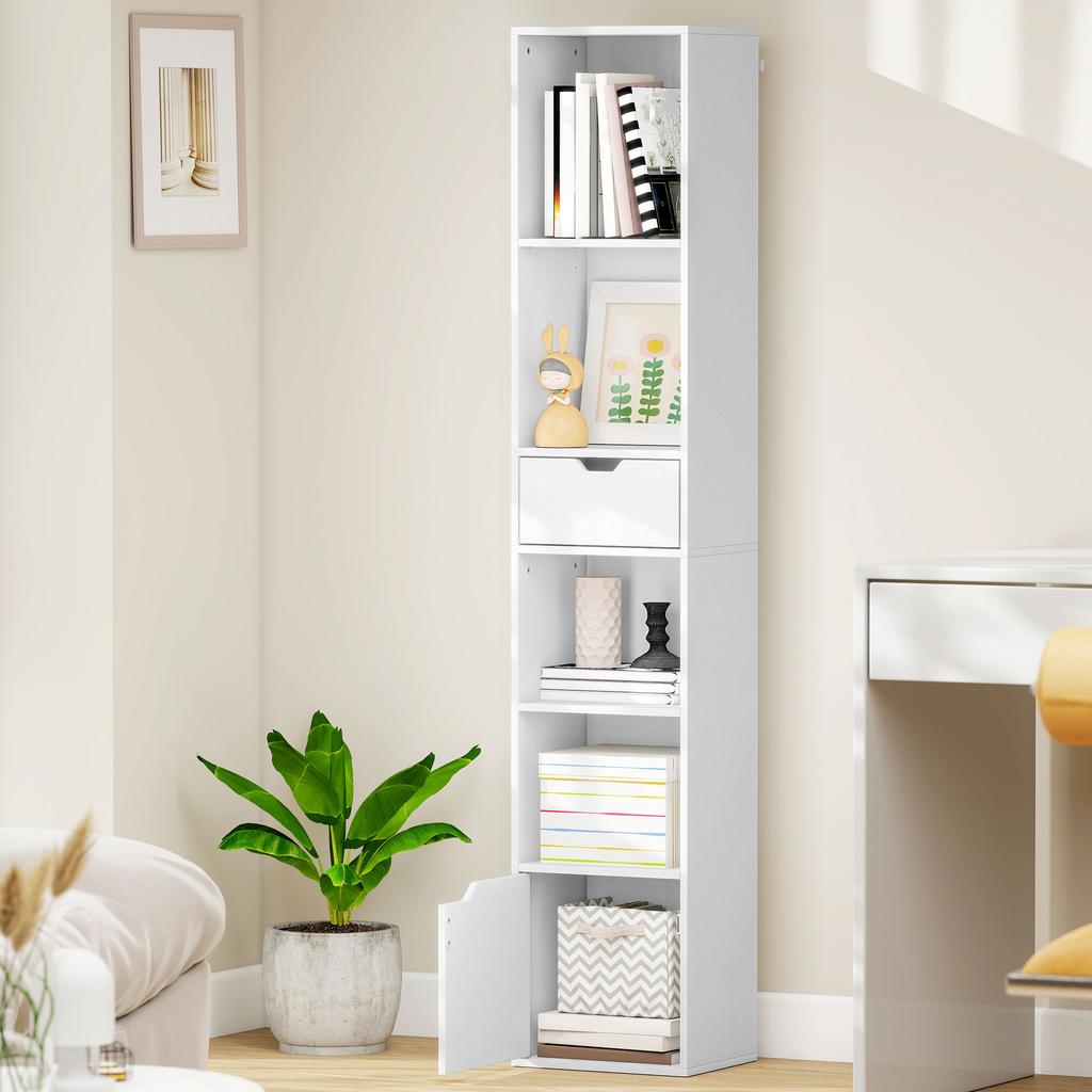 Bookcase Bookshelf, Drawer, Cupboard, Open Compartments, 30 x 24 x 158 cm, White