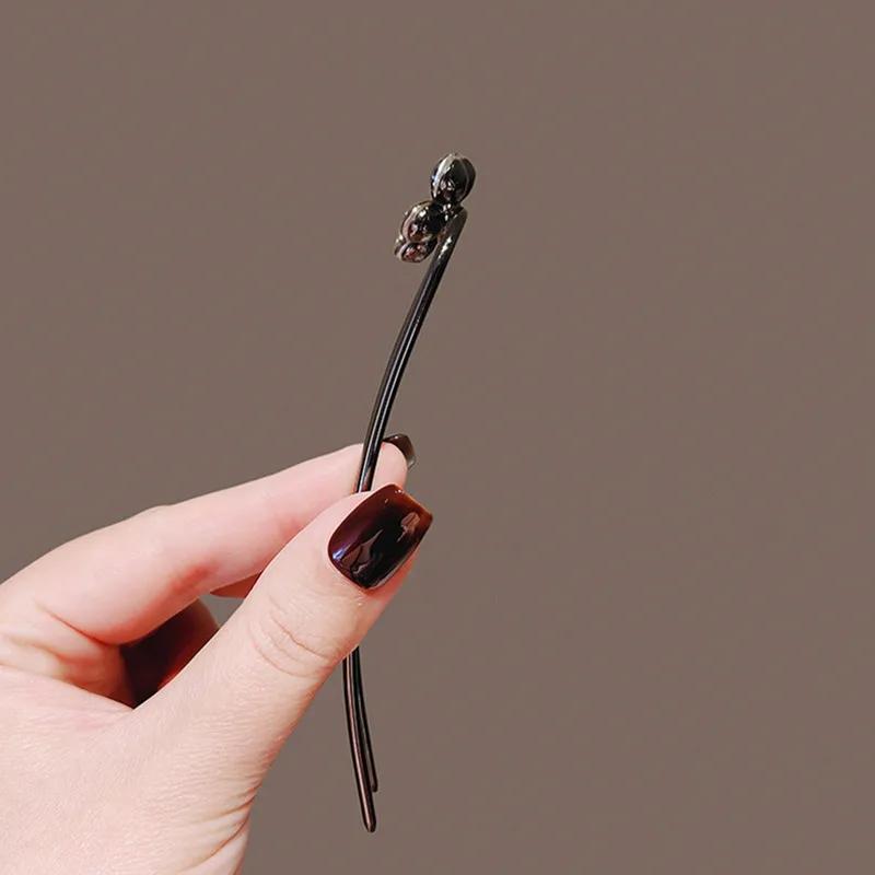 Elegant Rhinestone Flower U-Shaped Hairpin for Women, Simple Black Color Hair Sticks, Summer Hair Accessories