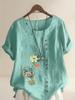 Women's Fashion Flower Print Round Neck Short Sleeve T-shirt Summer Casual Cotton Linen Graphic Shirt Leisure Loose Blouse Tops