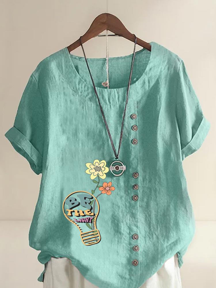 Women's Fashion Flower Print Round Neck Short Sleeve T-shirt Summer Casual Cotton Linen Graphic Shirt Leisure Loose Blouse Tops