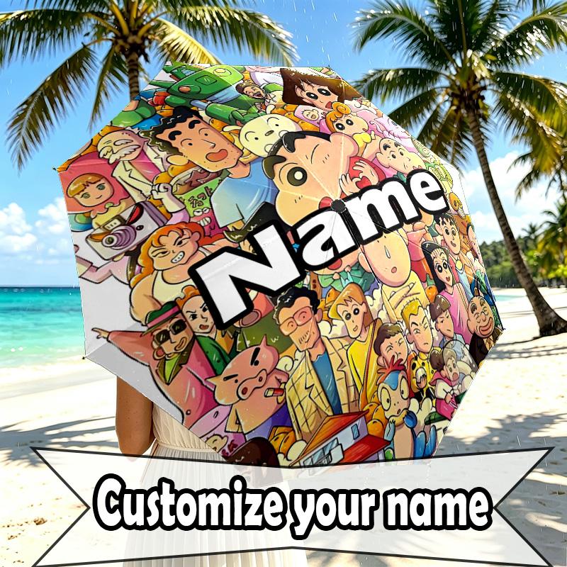 Custom Name Personalized Crayon Shin Print Umbrella, Auto Open Close, 8‑Rib Sturdy Frame, Commute Camping Hiking Use, Birthday Gift