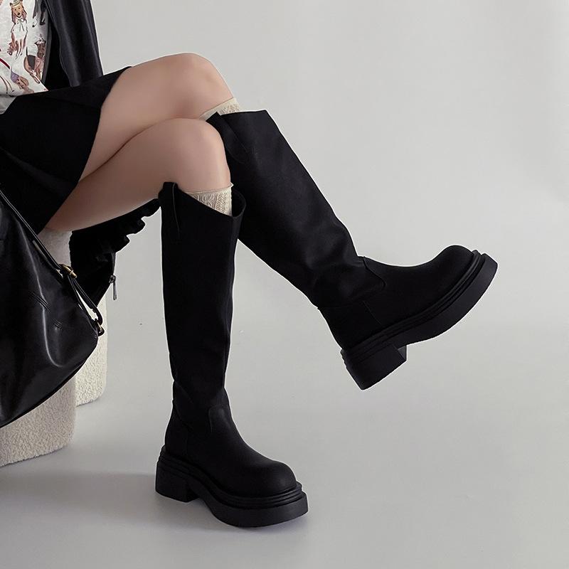 Simple style thick-soled tall knight boots autumn and winter fashion retro style leather heightening elastic boots women's fashion boots