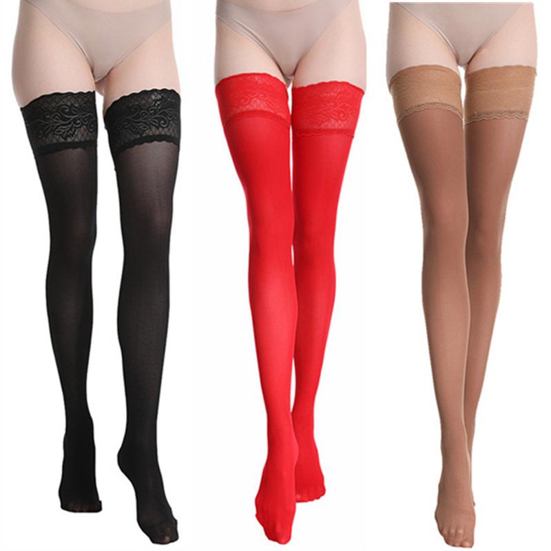 Women'S Velvet Over Knee Socks 80D Lace Top Silicone Long Stockings Plus Size Sexy Hosiery Ladies Autumn Winter Warm Pantyhose