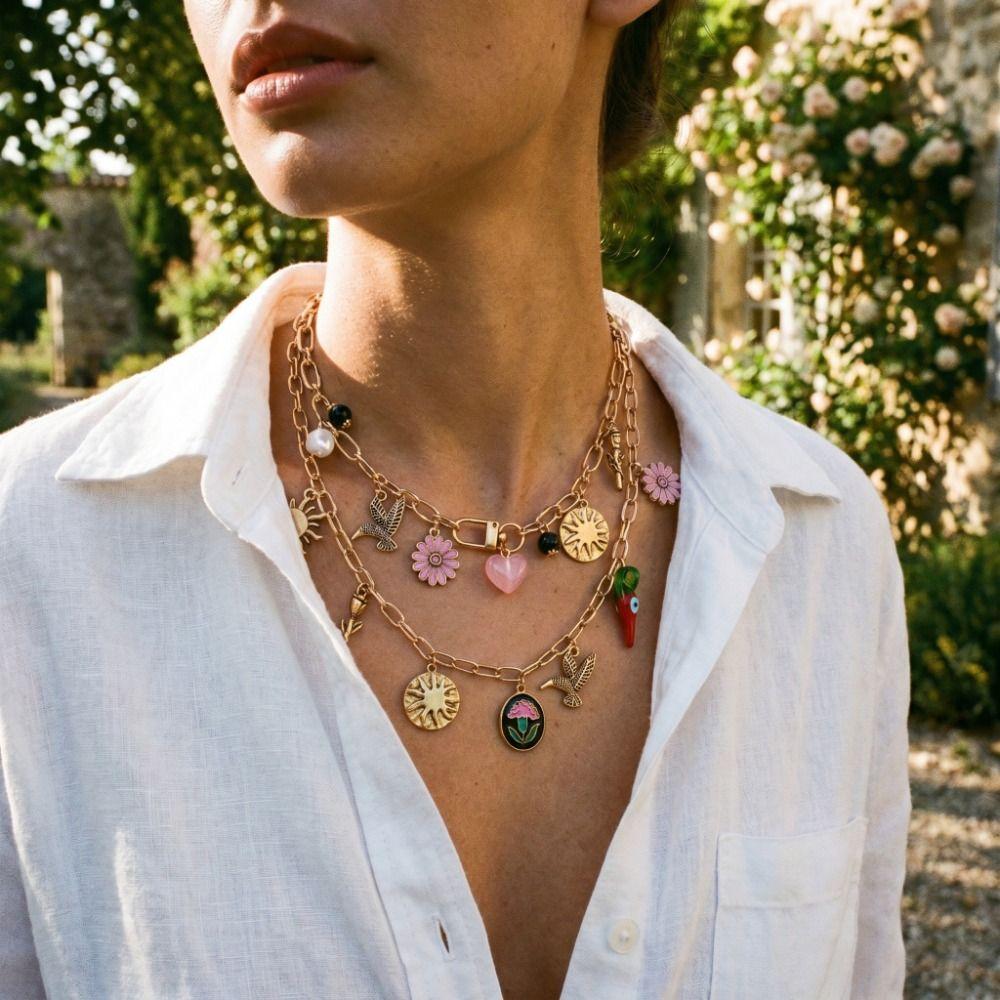 Multilayer Stacked Flower Pendant Necklace Flying Bird Bohemian Collarbone Chain Spring/Summer