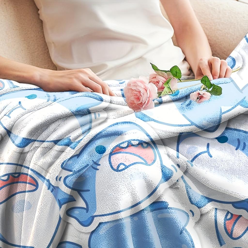 All Seasons Soft Polyester Contemporary Style Shark Cartoon Flannel Throw Blanket - Multipurpose Woven Movie Theme Gift for Offi
