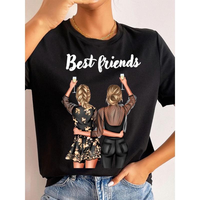 Summer Fashion Best Friends T-Shirt Short Sleeve Graphic Tees for Ladies Good Friend Bestie Sister Outfit Polyester Fabric