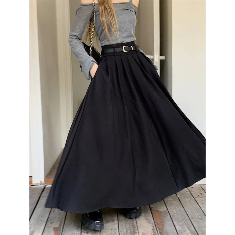 Women High Waist Jupe Korean Pleating Swing Skirt Vintage Fashion Spring Office Falda Holiday Loose Solid Long Skirt