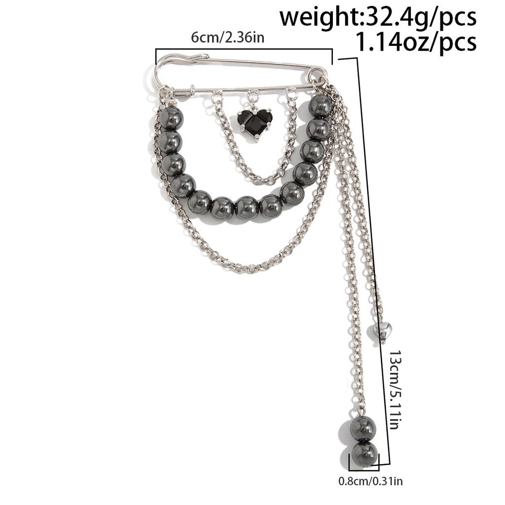 Black Crystal Heart Pendant Brooches Women Irregular CCB Beaded Chain Multi-Layer Tassel Brooch Pin Pants Ankle Chain Jewelry