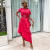 Summer Women Dress Irregular Short Sleeves One Shoulder Solid Color Baggy Ankle Length Tight Waist Slant Neck Lady Commute Prom Party Maxi Dress