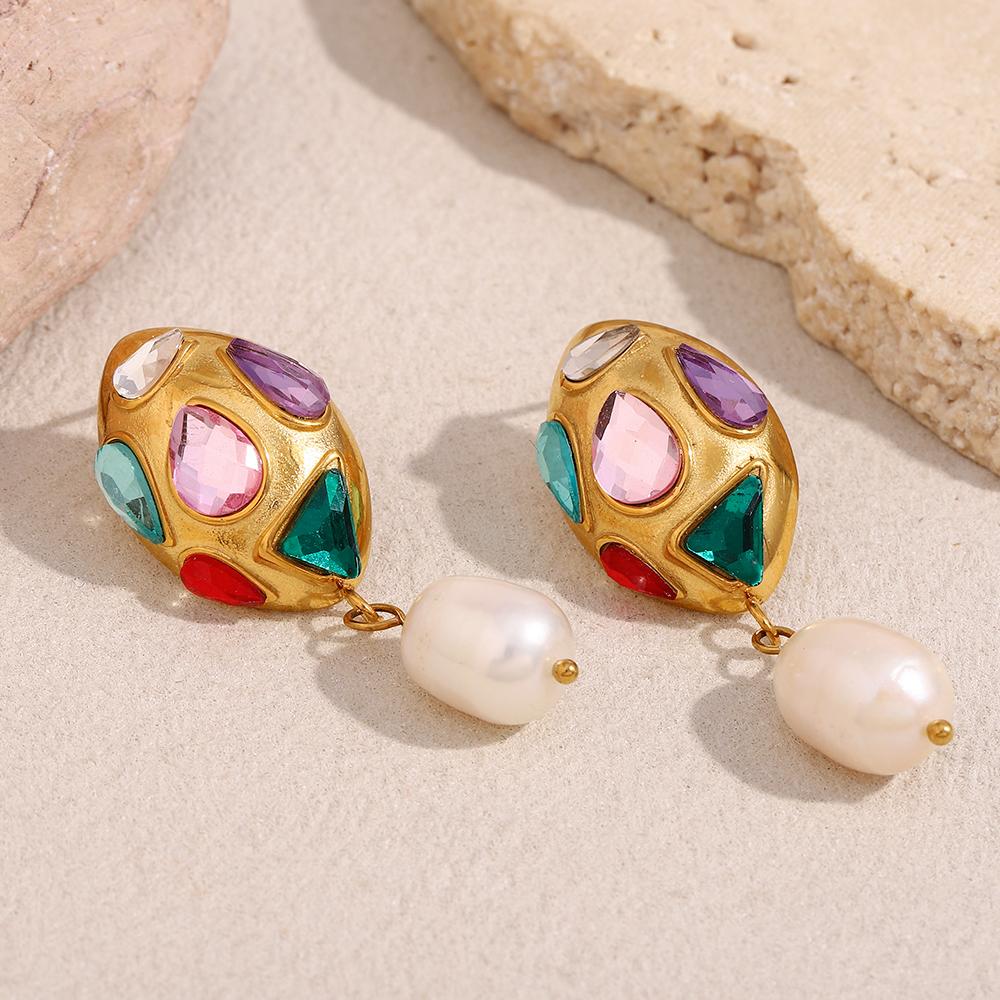 MamacitaSlay Creative Stainless Steel Multicolor Zircon Pearl Earrings Party Waterproof Jewelry Women's Charm Statement Earrings