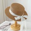 Top Hat Flat Top Straw Hat Women's Premium Printed Ribbon Straw Hat, Sun Protection Hat Straw Hat Seaside Beach Hat