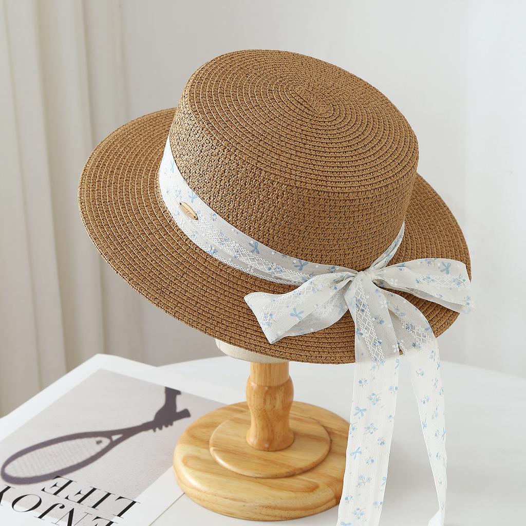 Top Hat Flat Top Straw Hat Women's Premium Printed Ribbon Straw Hat, Sun Protection Hat Straw Hat Seaside Beach Hat