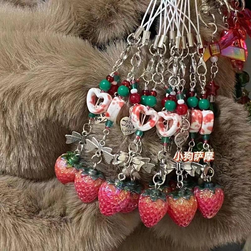 Cartoon Strawberry Phone Charm for Girl Korean Fashion Schoolbag Pendant Keyring Portable Phone Lanyard Phone Accessories