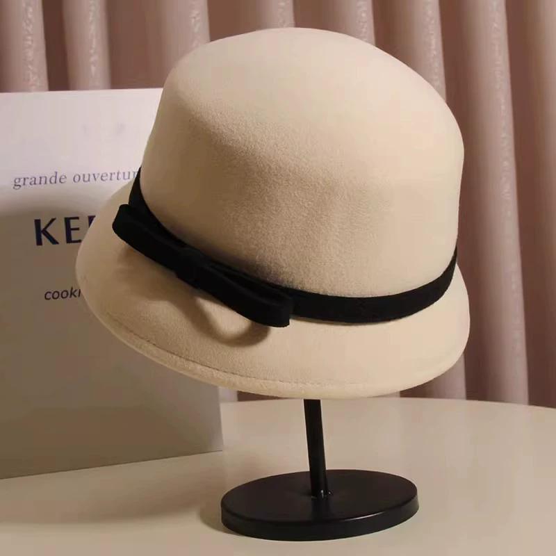 WTEMPO Black & Beige Solid Color Adjustable Bow Elegant Bucket Hats Women's Autumn Winter Retro Top Hats Festive Party Formal Hats