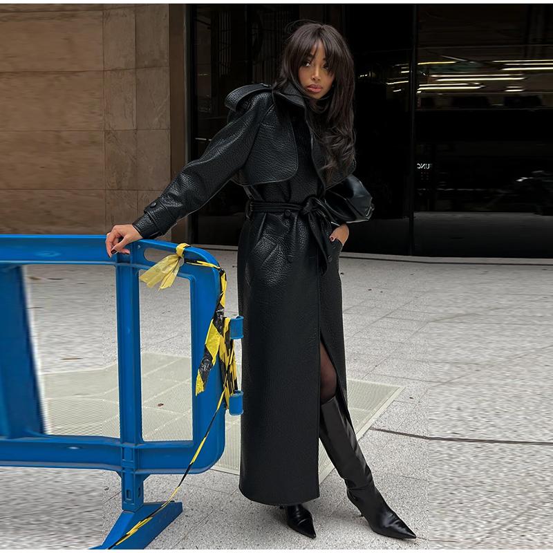 Street Vintage Long Leather Jacket Women Double Breasted Lapel Lace Up Full Sleeve Belt Jackets 2025 Spring Fashion Lady Outwear