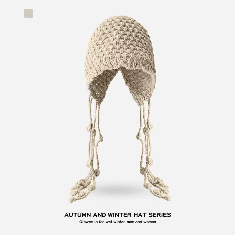 Fashion West Sichuan Travel Red Hollow Knitted Baotou Hat Female Face Small Fringed Wool Hat Cover Cold Hat Female