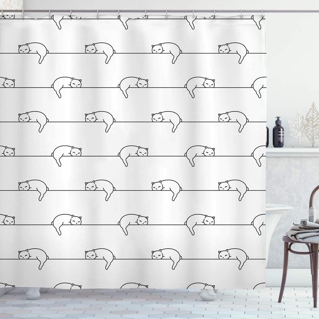 Schwarze Linie Katze Duschvorhänge Waschbarer Stoff Polyester Für Badewanne Kunst Badezimmerdekor Trennwand Mit Haken Aufhängen Wasserdicht