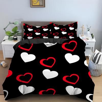 Motif Cœur d'Amour Housse de Couette King Queen Ensemble de Literie Imprimé Cœur pour Femmes Housse de Couette Rouge Noir Polyester Housse de Couette
