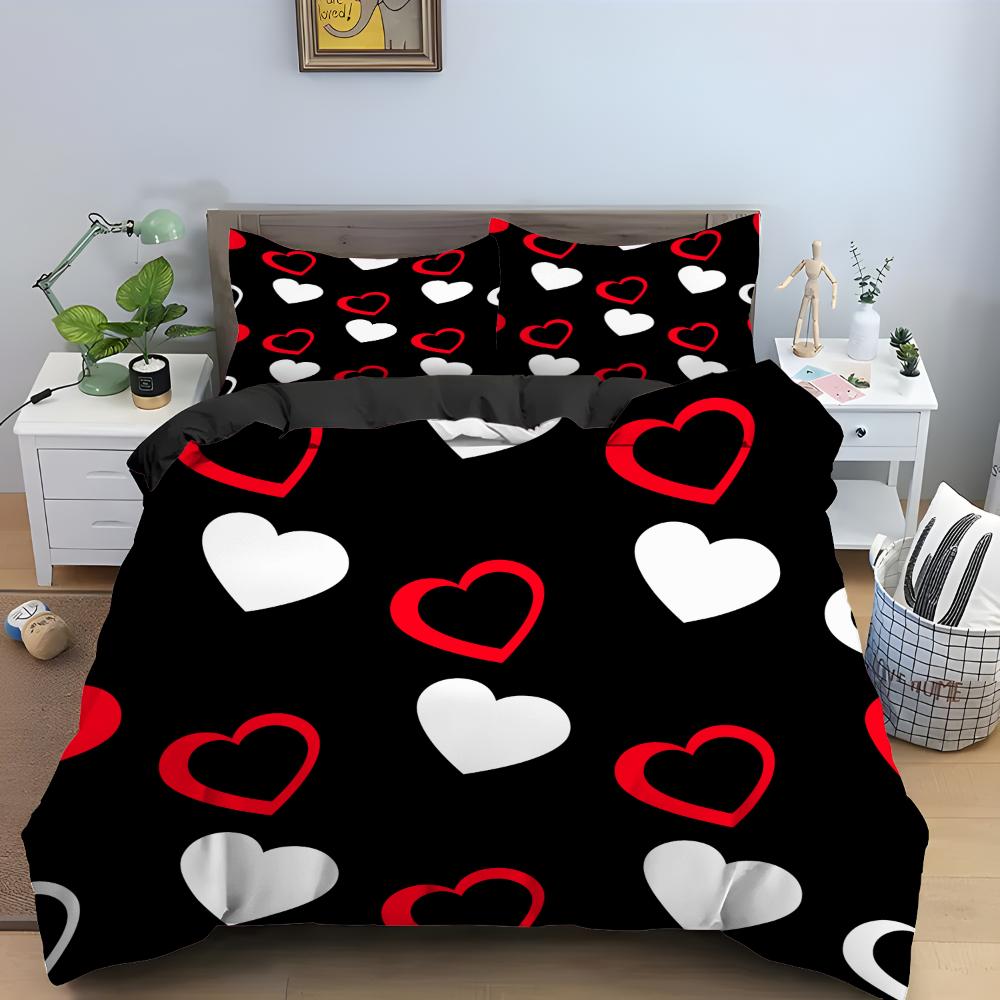 Love Heart Pattern King Queen Duvet Cover Women Heart-shaped Print Bedding Set Red Black Quilt Cover Polyester Comforter Cover